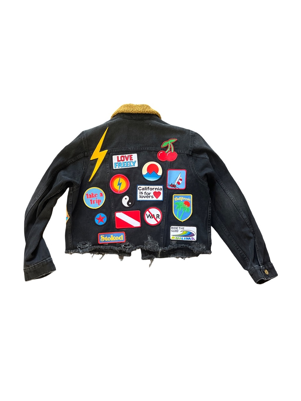 Aviator Nation Black Denim Patchwork Jacket with Yellow Sherpa Collar - Picture 2 of 2